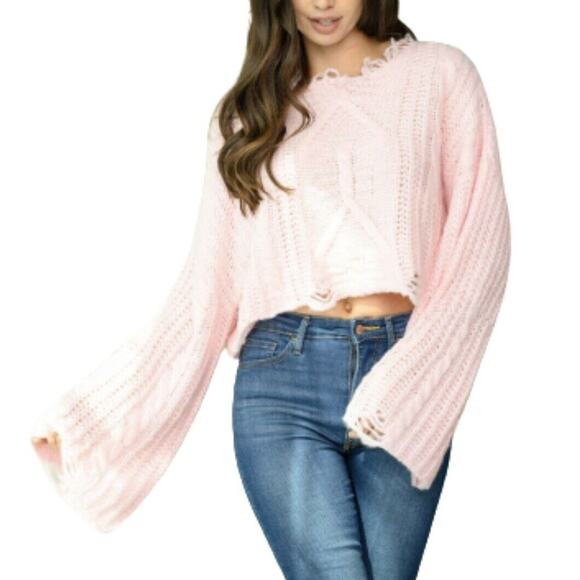 Cloud Ten Pink Oversized Distressed Long Bell Sleeves Knit Sweater NWT Size S - Picture 2 of 9